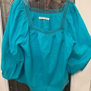 Trina Turk Turquoise Square-Neck Puff Sleeve Blouse